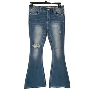 True Luck Distressed Bell Bottom Jeans Rhinestone Pocket Blue Denim Size 11/12